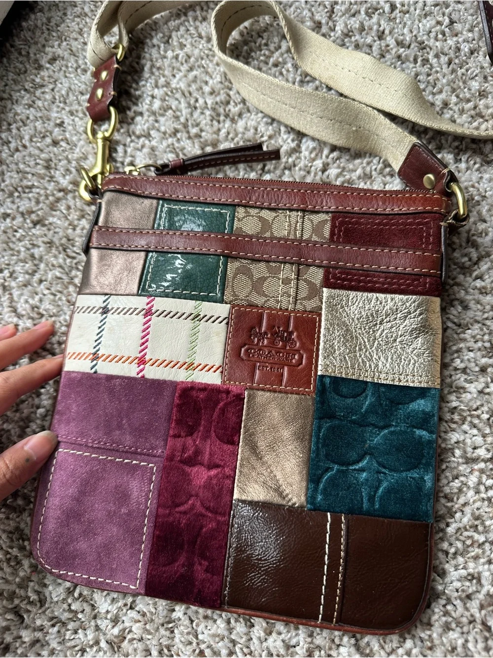 Coach Patchwork Crossbody Bag in Burgundy, Teal, Brown and Cream